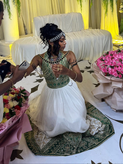 Emerald Majesty Halter Habesha Kemis Handwoven Ethiopian Heritage Gown with Regal Green Embroidery 945