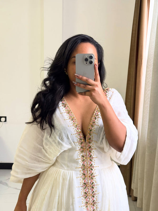 Radiant Rose Gold Embroidered Ethiopian Dress V-Neck Habesha Traditional Dress for Cultural Celebrations 946