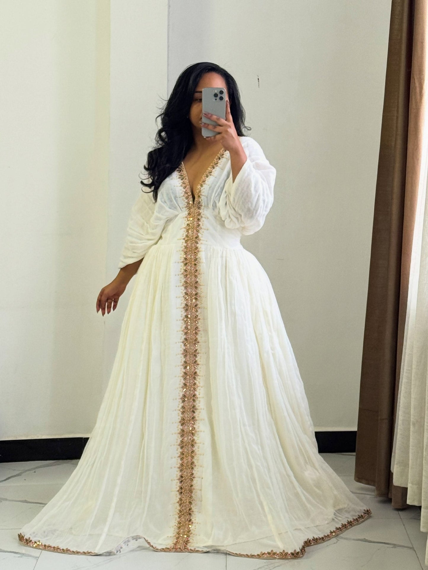 Rose Gold Embroidered Ethiopian Dress Elegant Habesha Traditional Dress