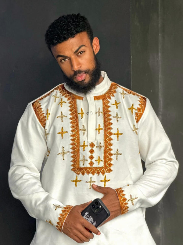 Premium Ethiopian Traditional Men's Shirt Hand-Embroidered Habesha Formal Shirt 948