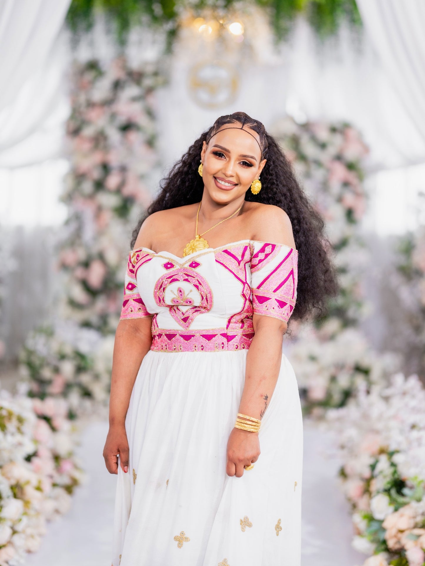 Enchanting Off-the-Shoulder Habesha Dress Radiant Magenta Pink Tilf Borders and Golden Habesha Dress 950