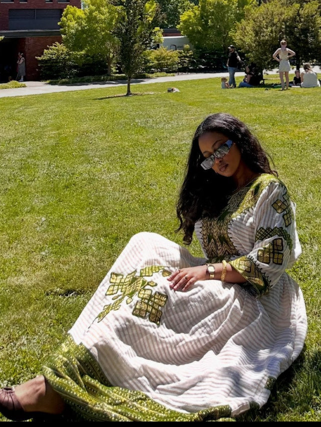 Bohemian Maxi Kaftan with Rich Moss Green Diamond Ethiopian Clothing  Striped Accent Habesha Dress 951