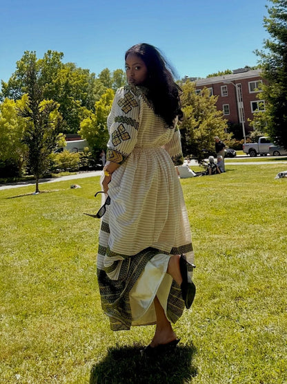 Bohemian Maxi Kaftan with Rich Moss Green Diamond Ethiopian Clothing  Striped Accent Habesha Dress 951
