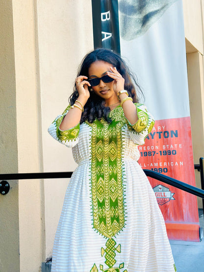 Bohemian Maxi Kaftan with Rich Moss Green Diamond Ethiopian Clothing  Striped Accent Habesha Dress 951