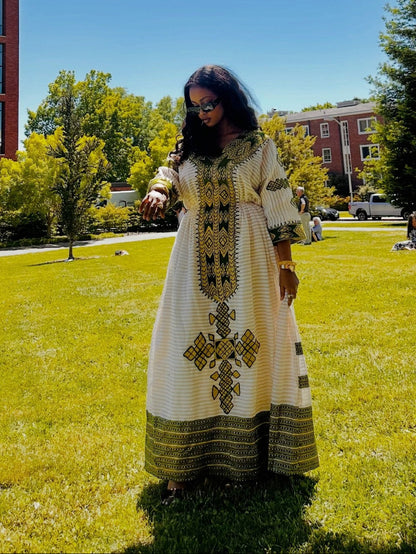 Bohemian Maxi Kaftan with Rich Moss Green Diamond Ethiopian Clothing  Striped Accent Habesha Dress 951
