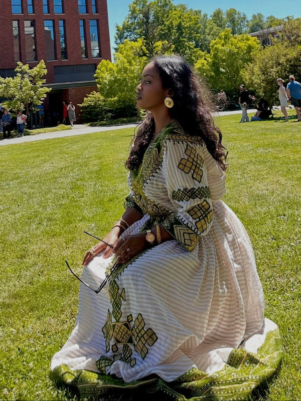 Bohemian Maxi Kaftan with Rich Moss Green Diamond Ethiopian Clothing  Striped Accent Habesha Dress 951
