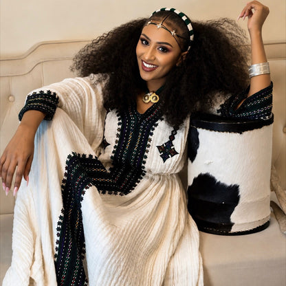 Bold Jet Black and Dark Green Geometric Habesha Dress Charming Habesha Kemis For Events 952
