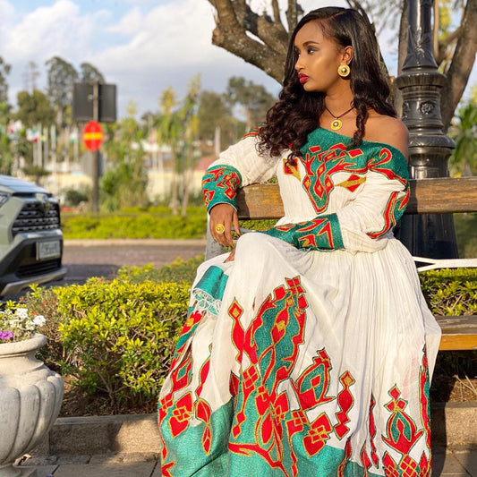 Off-Shoulder Traditional Ethiopian Dress Vibrant Handwoven Cultural Celebration Attire