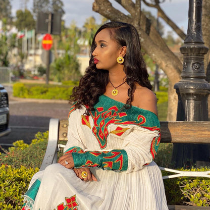 Emerald Mosaic Habesha Kemis Off-Shoulder Traditional Ethiopian Dress for Women Authentic Habesha Dress 956