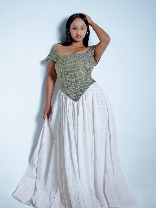 Sage Corset Habesha Kemis for Women Off-Shoulder Traditional Ethiopian Dress Handwoven Cultural Celebration Outfit 957