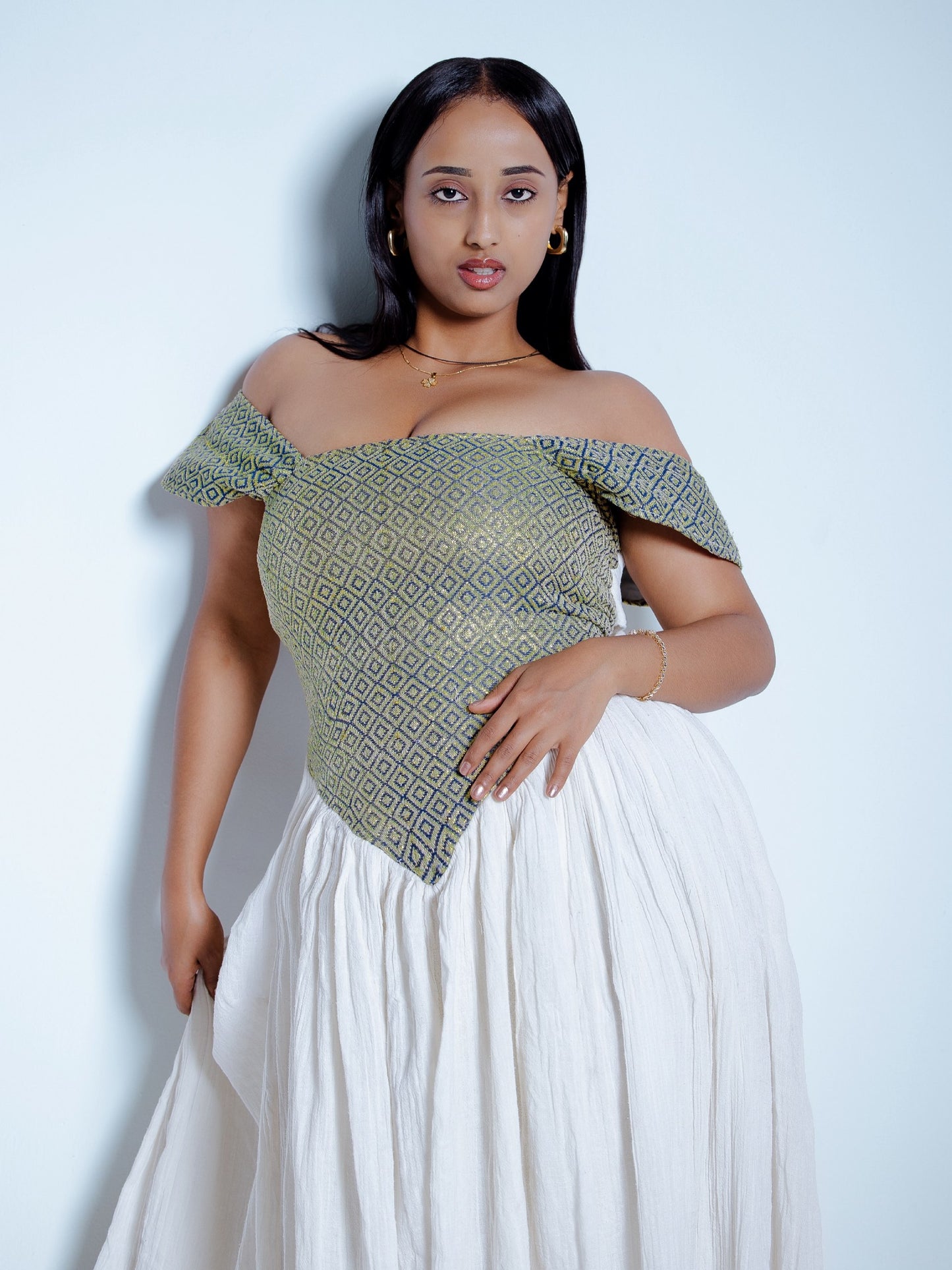Sage Corset Habesha Kemis for Women Off-Shoulder Traditional Ethiopian Dress Handwoven Cultural Celebration Outfit 957