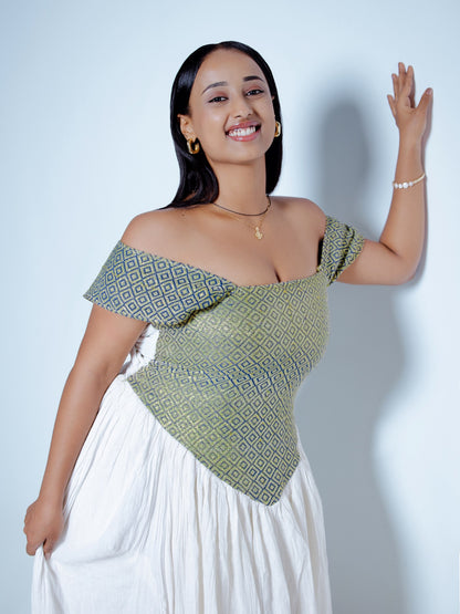 Sage Corset Habesha Kemis for Women Off-Shoulder Traditional Ethiopian Dress Handwoven Cultural Celebration Outfit 957
