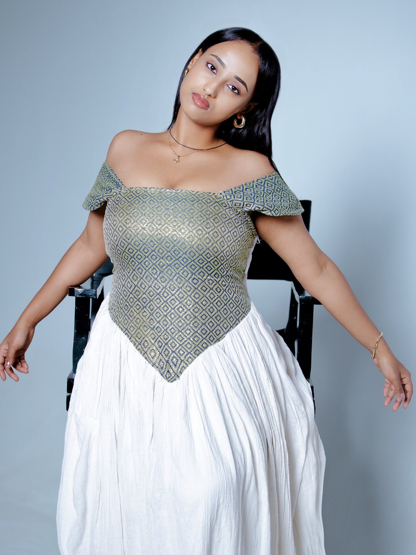 Sage Corset Habesha Kemis for Women Off-Shoulder Traditional Ethiopian Dress Handwoven Cultural Celebration Outfit 957