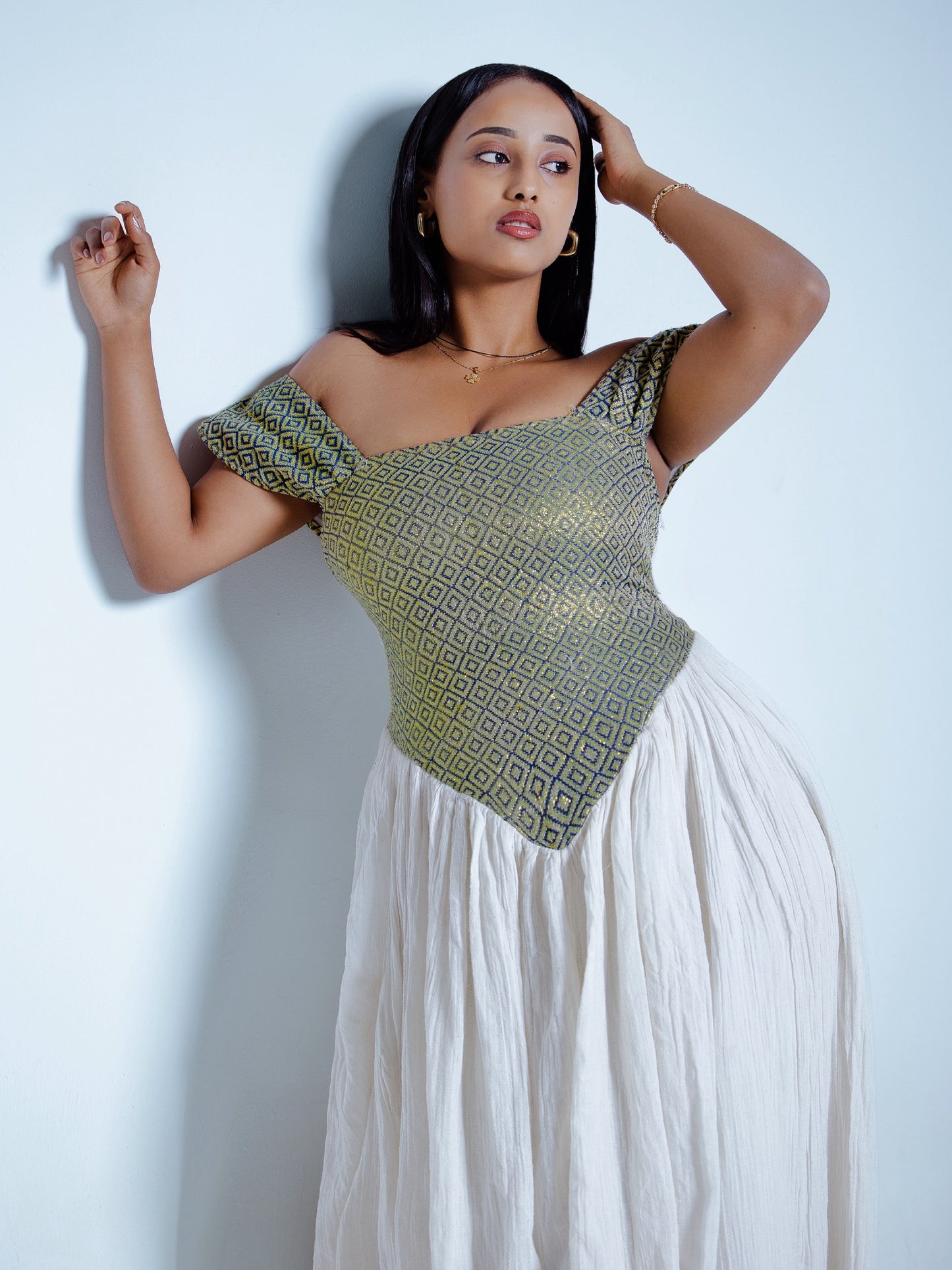 Sage Corset Habesha Kemis for Women Off-Shoulder Traditional Ethiopian Dress Handwoven Cultural Celebration Outfit 957