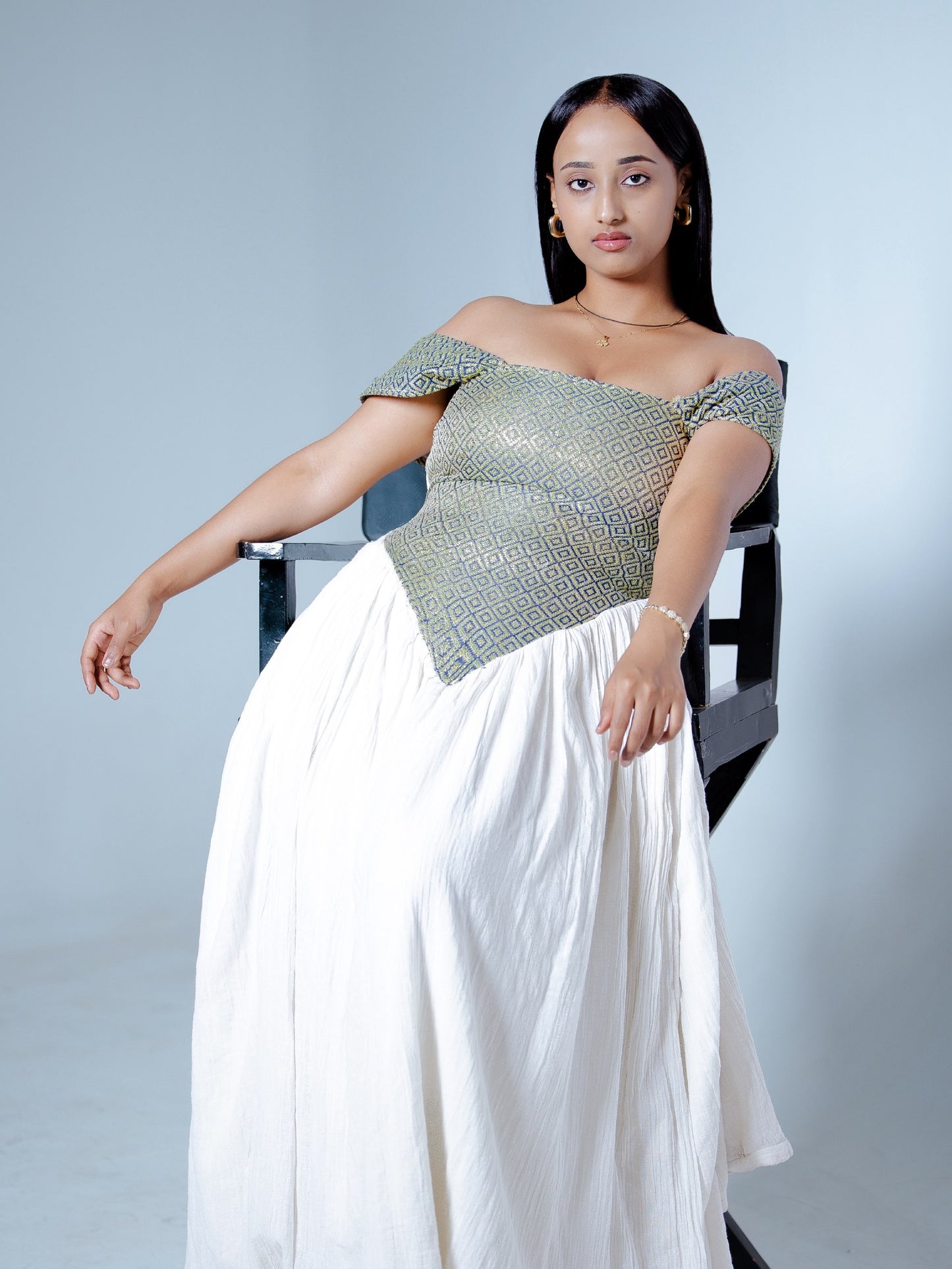 Sage Corset Habesha Kemis for Women Off-Shoulder Traditional Ethiopian Dress Handwoven Cultural Celebration Outfit 957