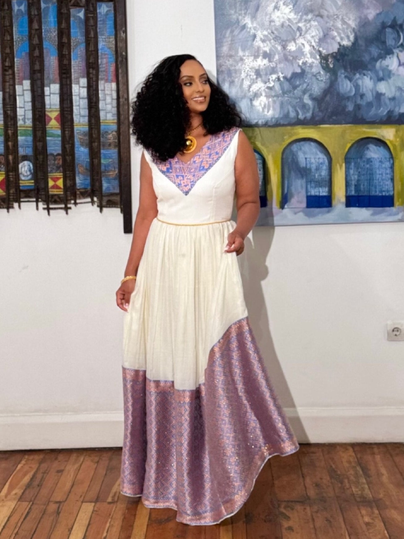 Graceful Lavender Accent Habesha Kemis Sleeveless Ethiopian Traditional Dress with Flowing Cotton Skirt 959