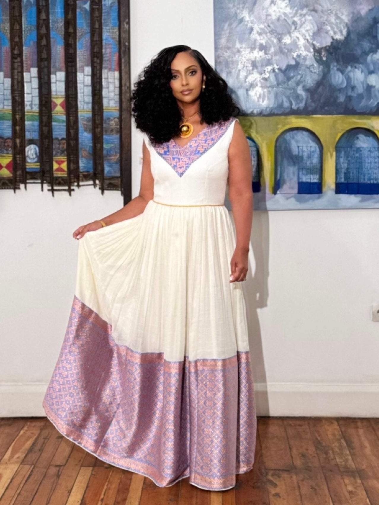 Graceful Lavender Accent Habesha Kemis Sleeveless Ethiopian Traditional Dress with Flowing Cotton Skirt 959