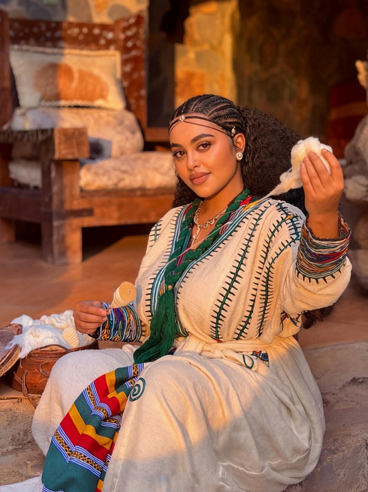 Ethiopian Traditional Cotton Dress with Handwoven Colorful Accents