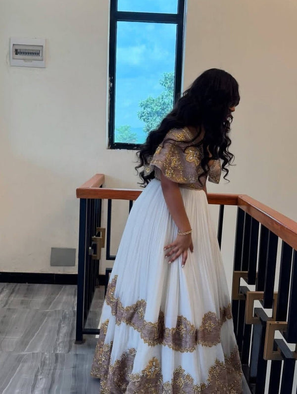 Avant-Garde Habesha Kemis with Dramatic Muted Bronze Flared Sleeves Ethiopian Wedding Dress 958