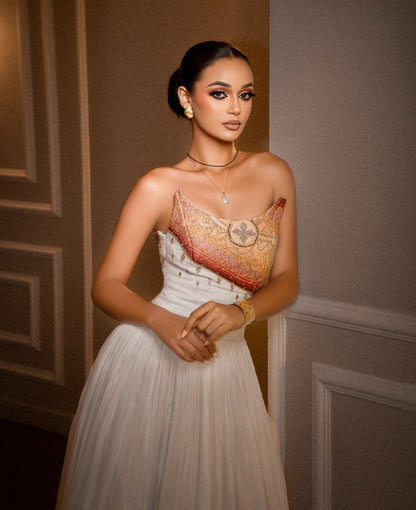 Celestial Habesha Kemis Warm Amber, Coral, and Gold Medallion Bodice Ethiopian Clothing 962