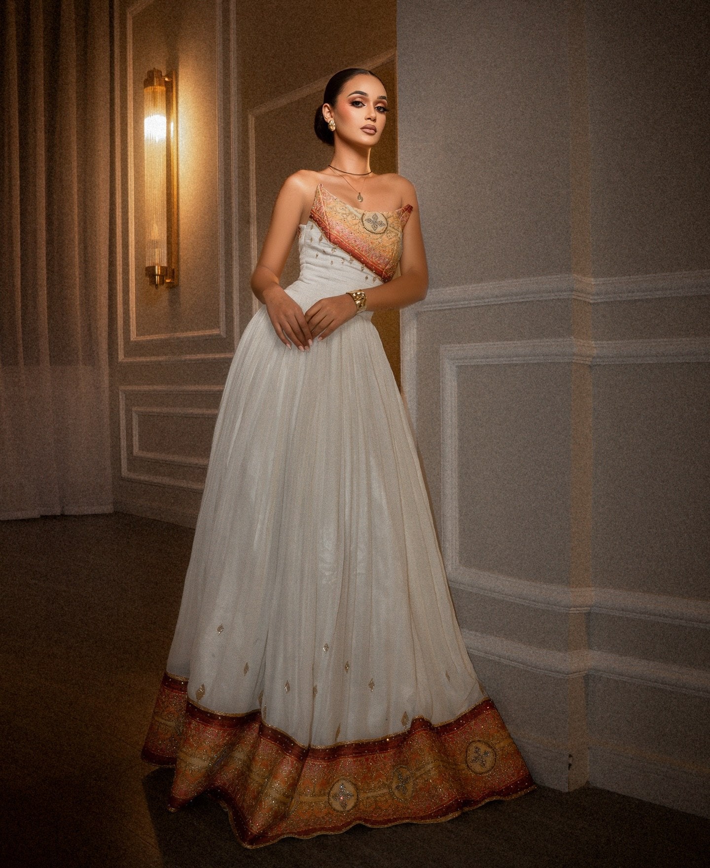 Celestial Habesha Kemis Warm Amber, Coral, and Gold Medallion Bodice Ethiopian Clothing 962