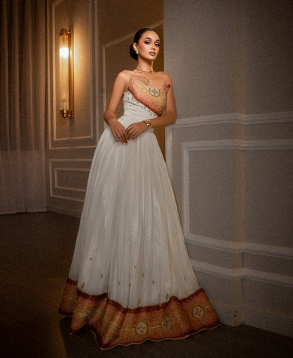 Celestial Habesha Kemis Warm Amber, Coral, and Gold Medallion Bodice Ethiopian Clothing 962