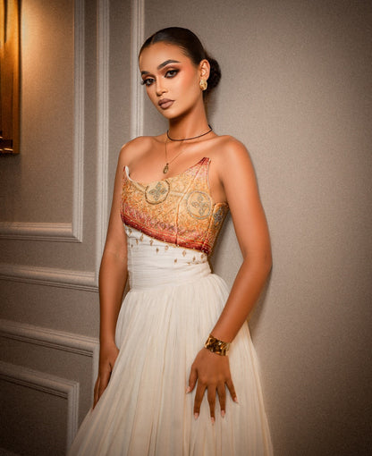 Celestial Habesha Kemis Warm Amber, Coral, and Gold Medallion Bodice Ethiopian Clothing 962