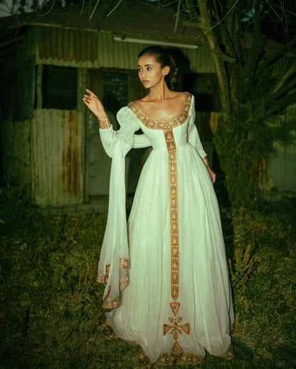 Regal Habesha Dress with Antique Gold Embroidery Elegant Heritage-Inspired Ethiopian Dress 964