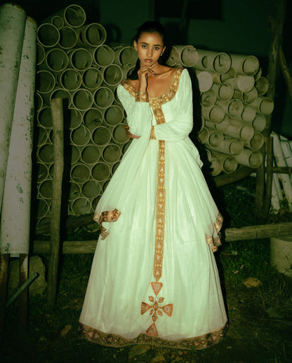 Regal Habesha Dress with Antique Gold Embroidery Elegant Heritage-Inspired Ethiopian Dress 964