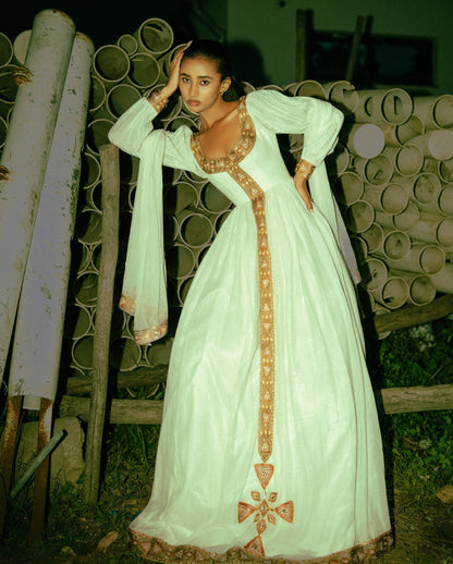 Regal Habesha Dress with Antique Gold Embroidery Elegant Heritage-Inspired Ethiopian Dress 964