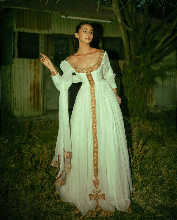 Regal Habesha Dress with Antique Gold Embroidery Elegant Heritage-Inspired Ethiopian Dress 964