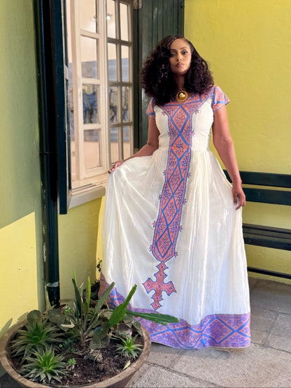 Radiant Lavender Woven Habesha Kemis for Cultural Gatherings Ethiopian Traditional Attire Timeless Eritrean Dress 965