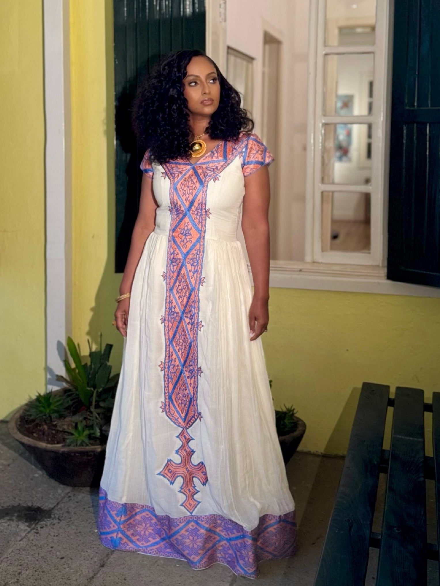 Graceful White Cultural Ensemble with Lavender Woven Accents Traditional Ethiopian Clothing