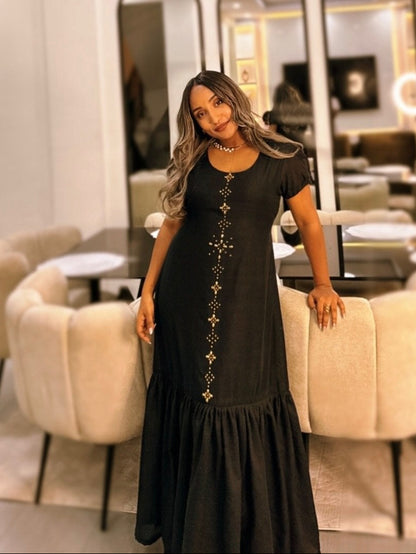 Sophisticated Black Ethiopian Cultural Dress with Gold Embellishments Authentic Habesha Dress For Event 966