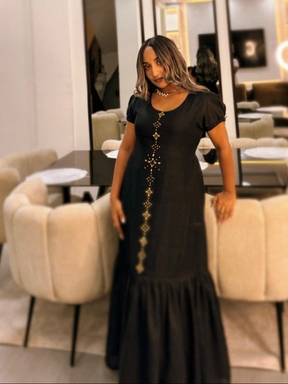 Sophisticated Black Ethiopian Cultural Dress with Gold Embellishments Authentic Habesha Dress For Event 966