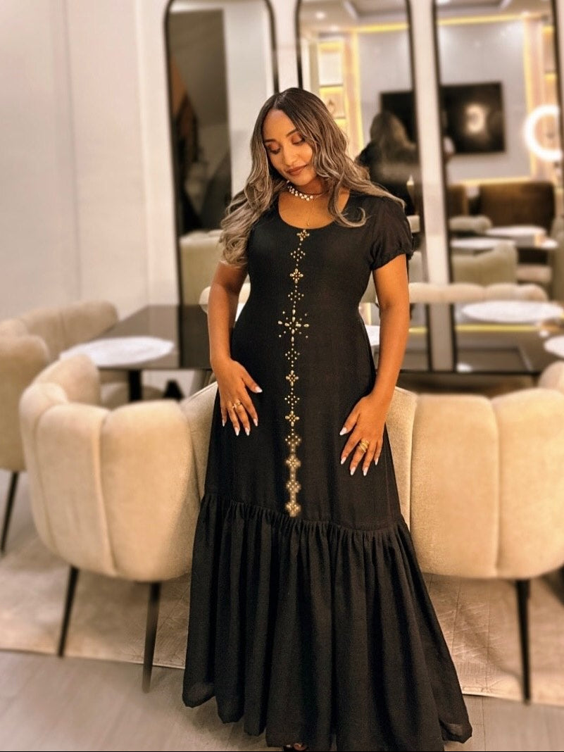 Midnight Elegance Habesha Kemis with Golden Cross Embroidery