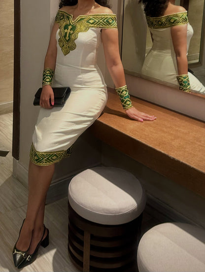 Sophisticated Green Embroidered Ethiopian Cocktail Attire Contemporary Habesha Dress For Celebrations 968