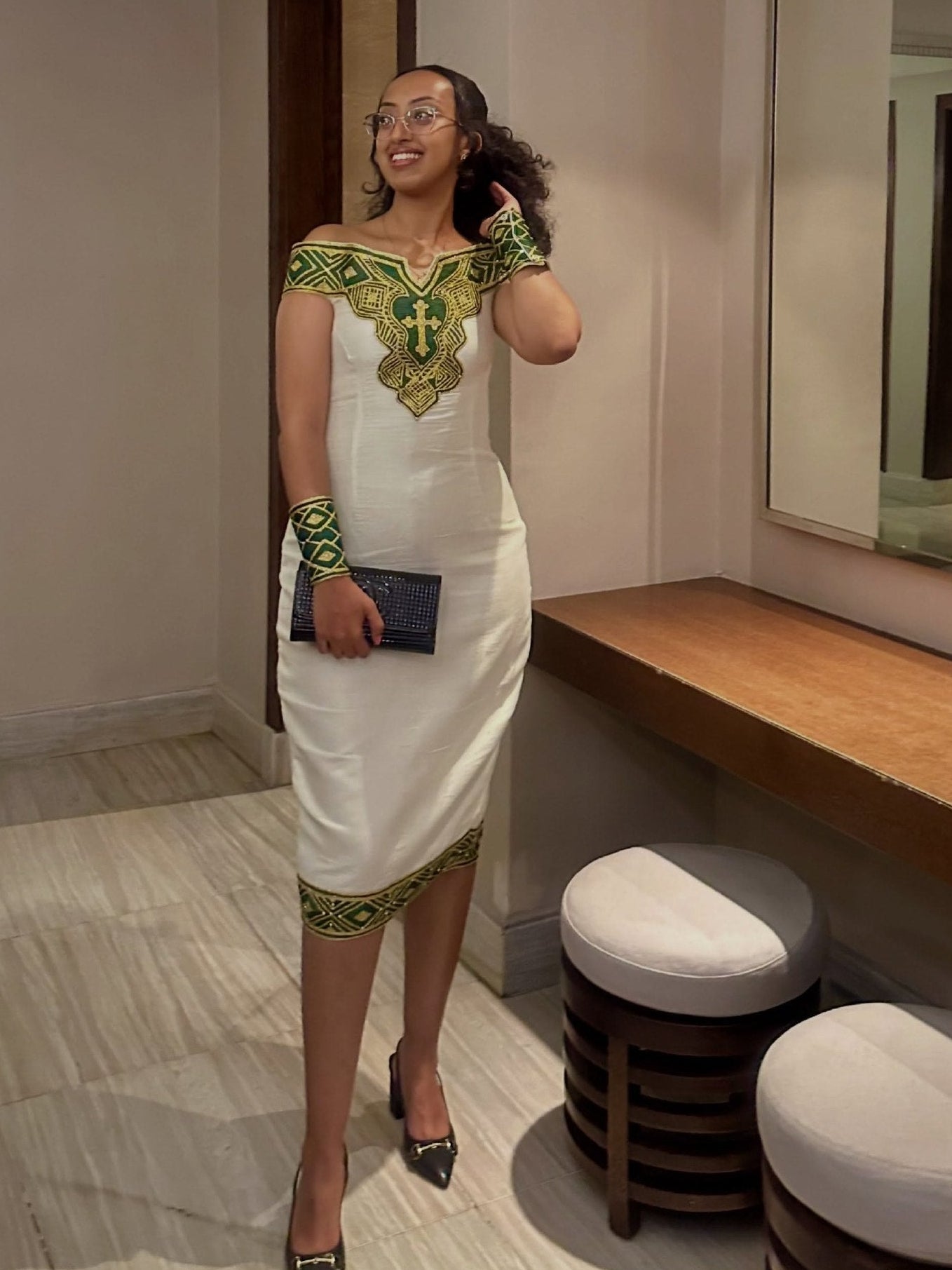 Refined White Ethiopian Heritage Outfit with Green Tibeb
