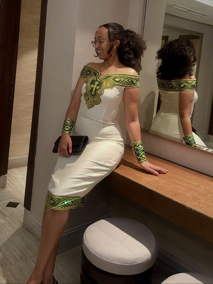 Sophisticated Green Embroidered Ethiopian Cocktail Attire Contemporary Habesha Dress For Celebrations 968