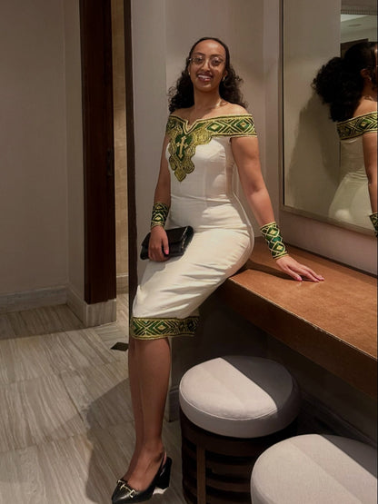 Sophisticated Green Embroidered Ethiopian Cocktail Attire Contemporary Habesha Dress For Celebrations 968
