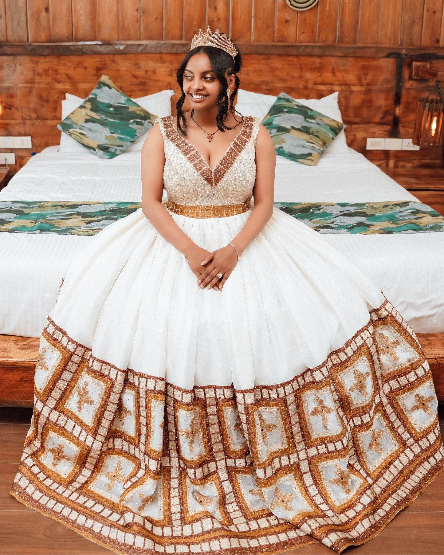 Graceful Eritrean Dress for Elegant Wedding Celebrations with Handcrafted Gold Embroidery