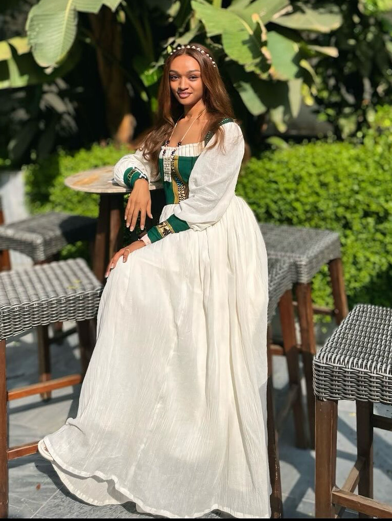 Stylish Habesha Kemis with Green Handwoven Tibeb Timeless Cultural Ethiopian Dress 974
