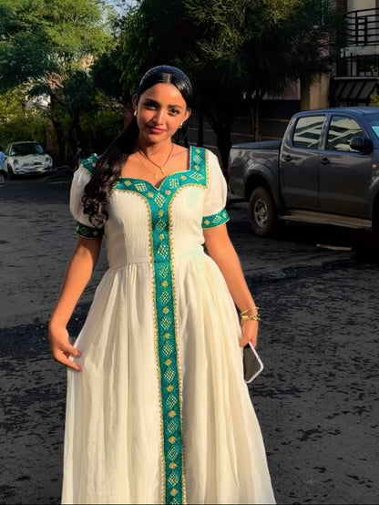Delightful Cream Habesha Kemis Vibrant Emerald Green and Golden Ethiopian Dress habesha Kemis 976