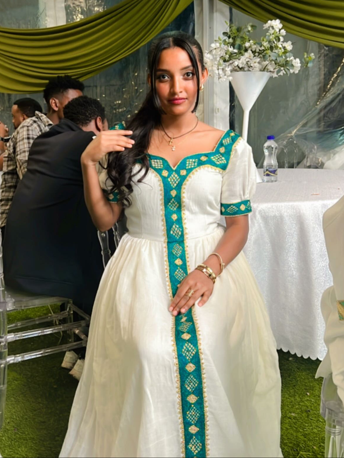 Delightful Cream Habesha Kemis Vibrant Emerald Green and Golden Ethiopian Dress habesha Kemis 976