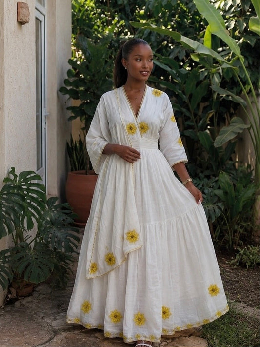 Graceful Ethiopian Dress with Floral Embroidery for Timeless Elegance
