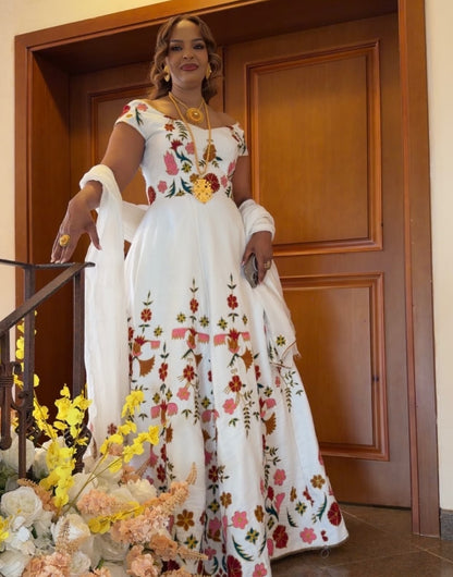 Floral Embroidered Ethiopian Traditional Dress Cultural & Timeless Habesha Dress Style For Events 979