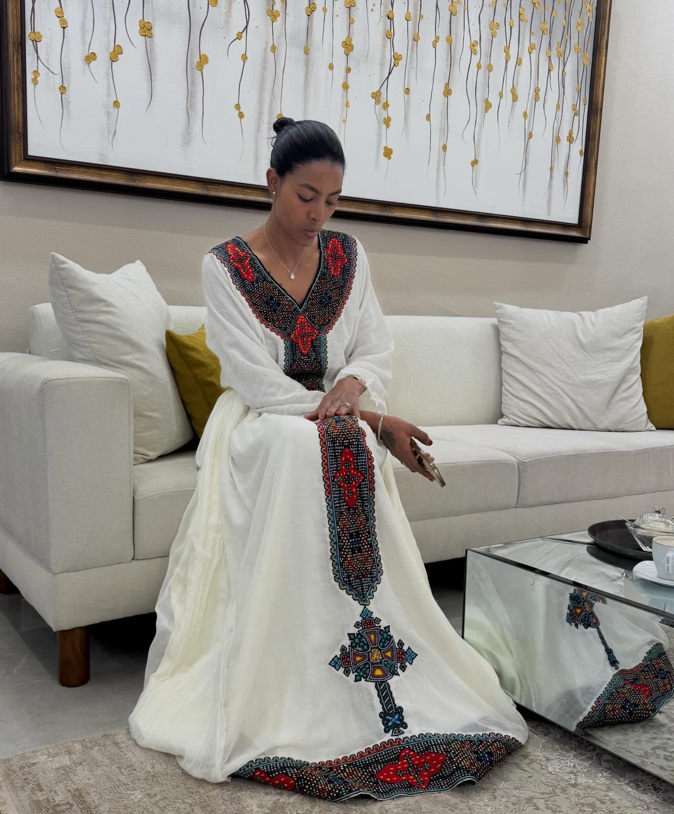 Handcrafted Habesha Dress Intricate Cross Embroidery Habesha Kemis for Elegant Cultural Celebrations 980