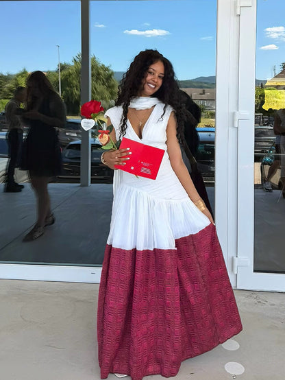 White & Burgundy Ethiopian Graduation Dress Modern Habesha Traditional Dress