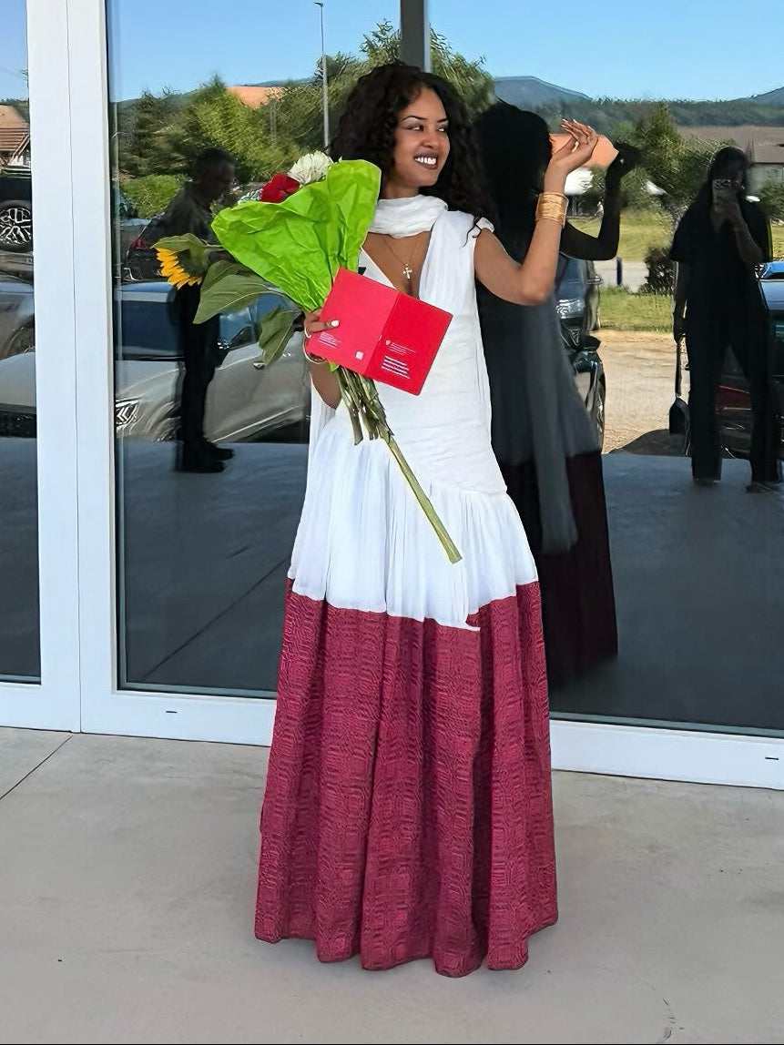Burgundy Ethiopian Dress  Modern Habesha Traditional Dress with Contemporary Style 982