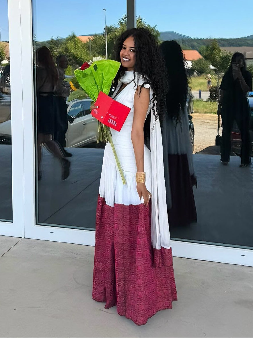 Burgundy Ethiopian Dress  Modern Habesha Traditional Dress with Contemporary Style 982